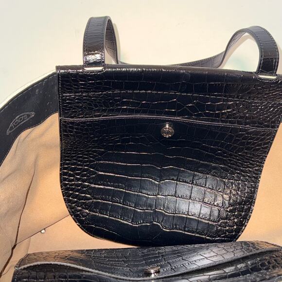 TOD´S Tasca Canvas & Croc Embossed Leather Tote Black & White Made in Italy - Picture 10 of 16